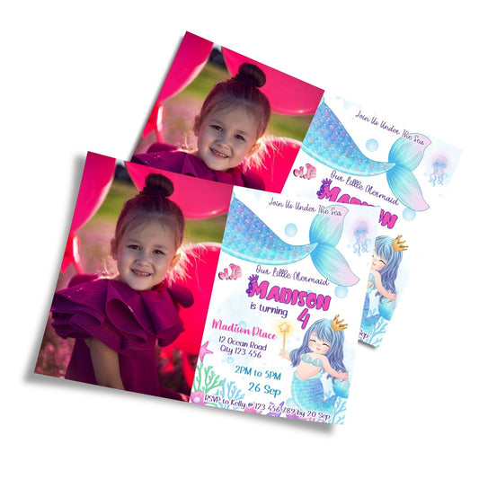 Photo card invitations with mermaid theme, personalized