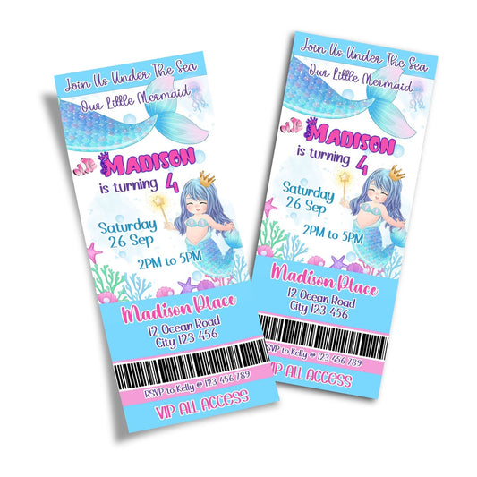 Personalized birthday ticket invitations with mermaid design