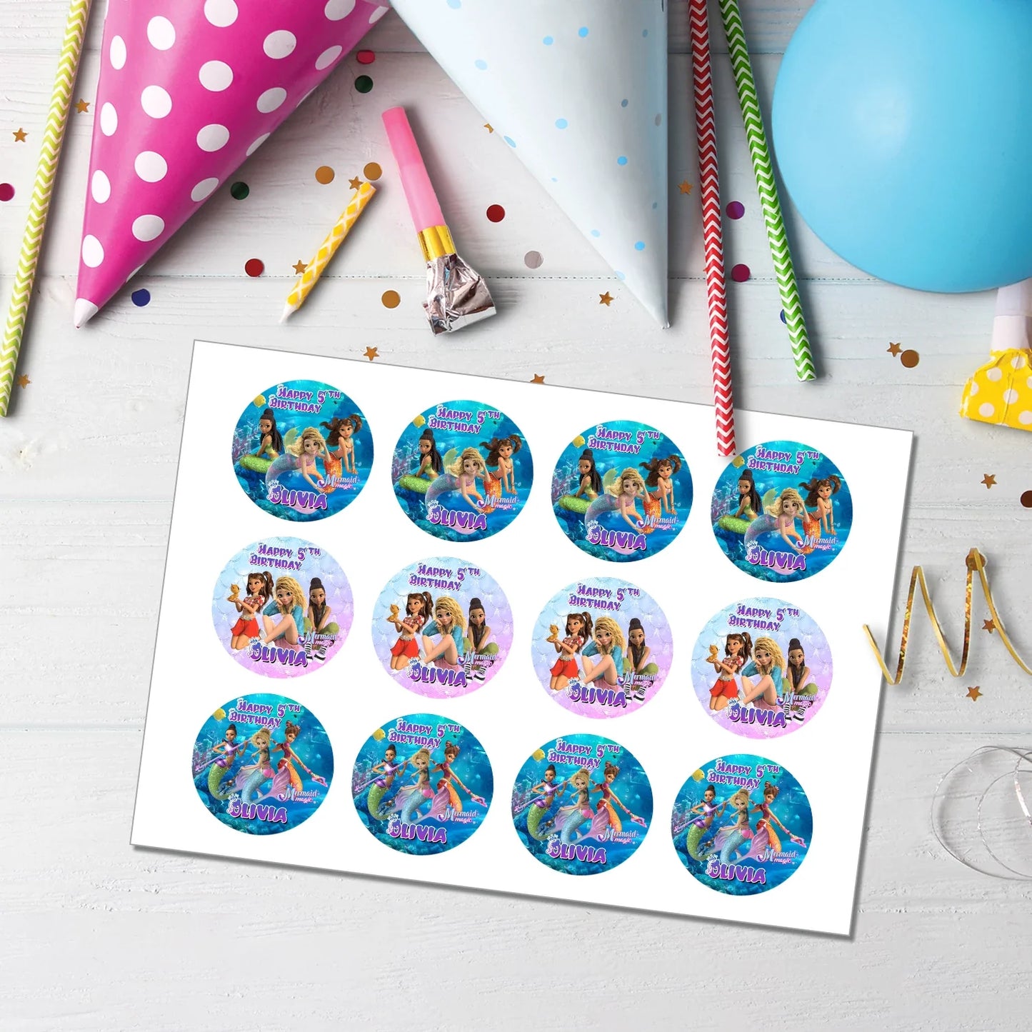 Mermaid Magic Personalized Cupcakes Toppers - Custom Mermaid Cupcake Toppers for Birthday Celebrations