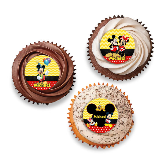 Personalized Cupcakes Toppers adorned with Mickey & Minnie Mouse