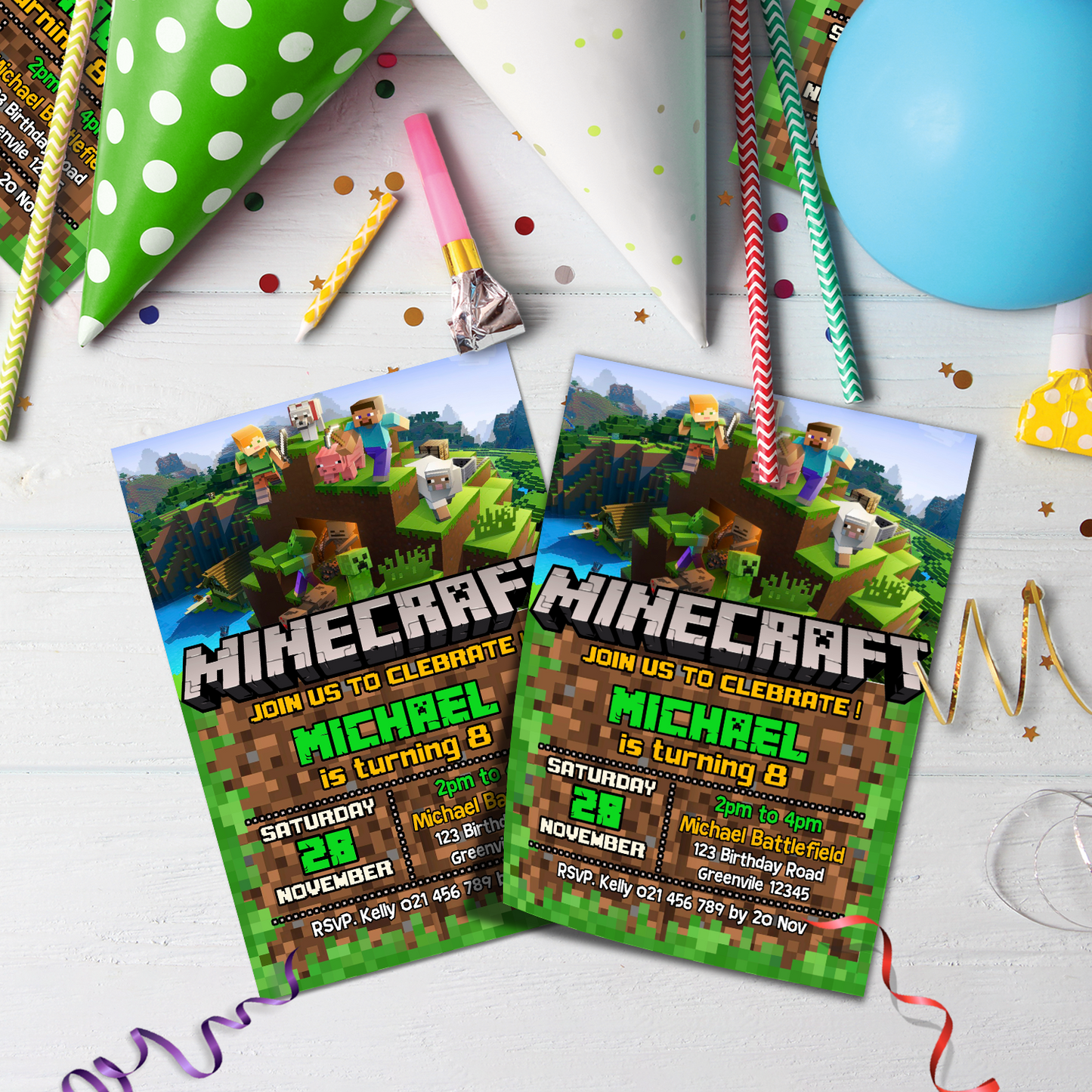 Minecraft Birthday Decorations, Pixelated Party Supplies, Minecraft Steve Themed, Minecraft Digital Template, Editable Minecraft Image SVG PNG