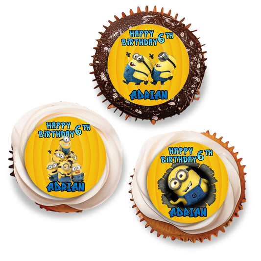 Minion themed personalized cupcakes toppers