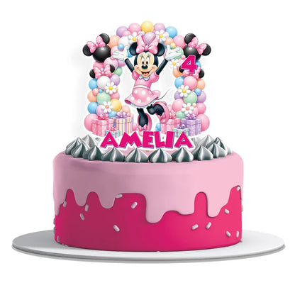 Minnie Mouse personalized cake toppers featuring iconic bow graphics on a modern dessert t display