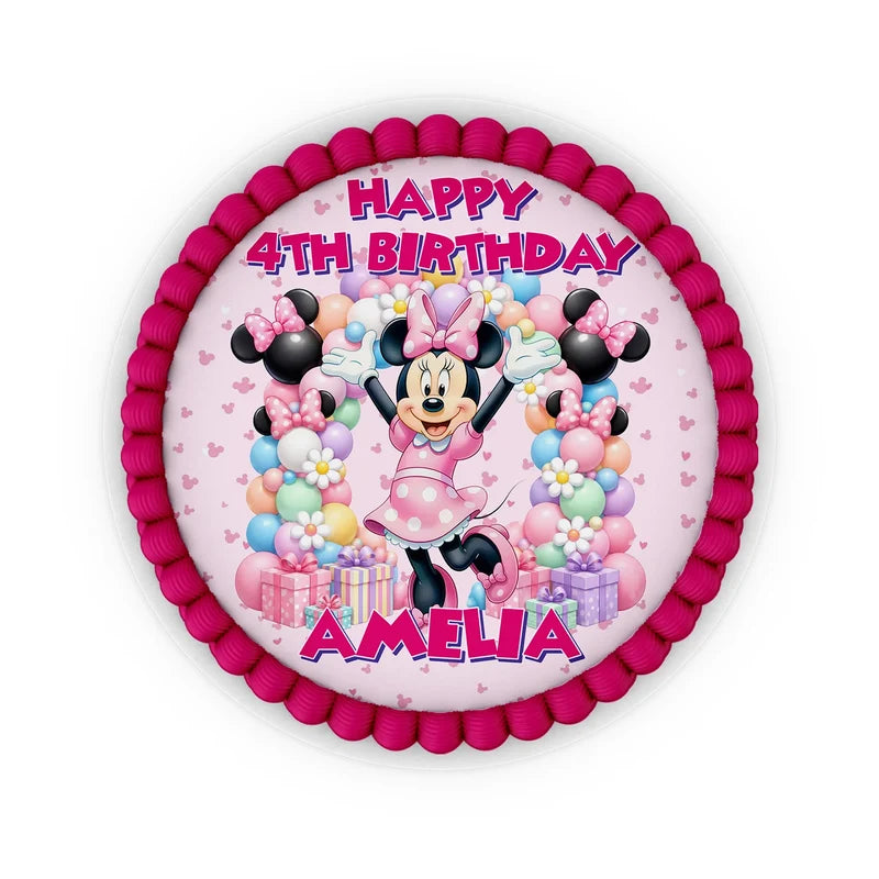 Minnie Mouse edible icing cake images with colorful character illustrations placed on a frosted round cake