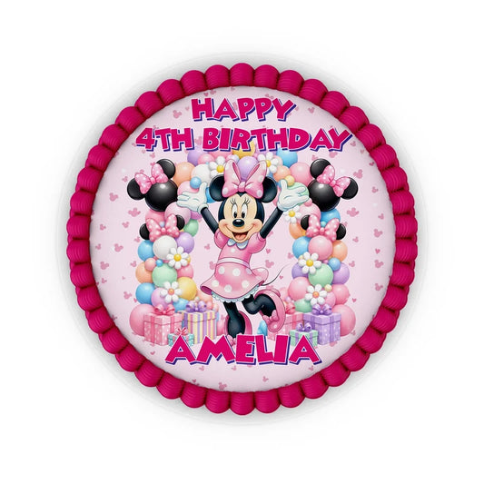 Minnie Mouse edible icing cake images with colorful character illustrations placed on a frosted round cake