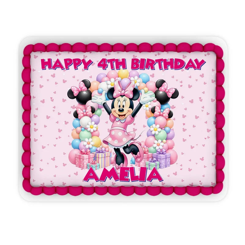 Minnie Mouse custom sheet cake images showing a vibrant birthday layout on a large rectangle cake