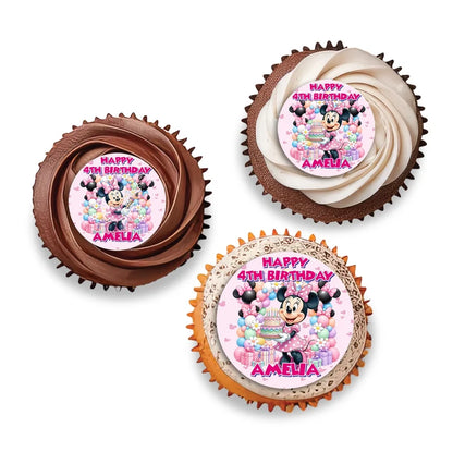 Minnie Mouse personalized cupcake toppers arranged neatly on frosted treats against a neutral backdrop