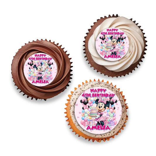 Minnie Mouse personalized cupcake toppers arranged neatly on frosted treats against a neutral backdrop