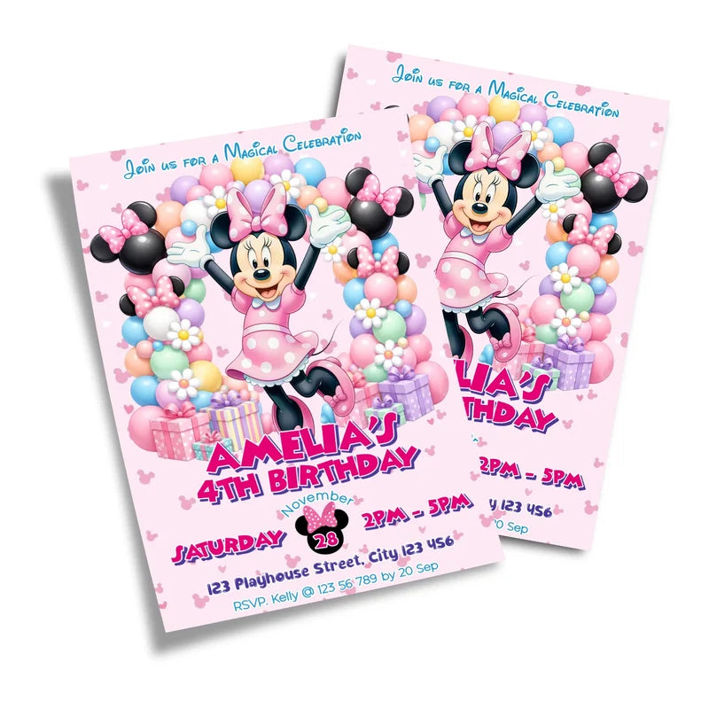 Minnie Mouse birthday card invitations displaying a bright pink template layout on a minimal background