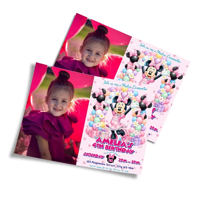 Minnie Mouse photo card invitations featuring a custom picture frame layout on a clean studio background