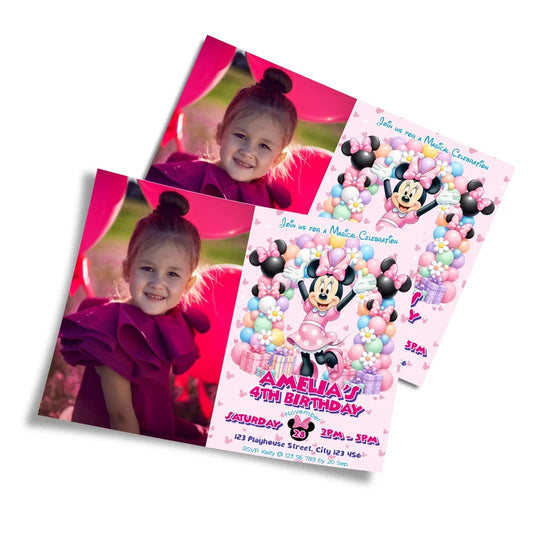 Minnie Mouse photo card invitations featuring a custom picture frame layout on a clean studio background