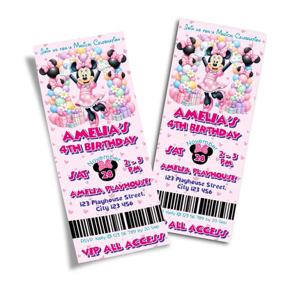 Minnie Mouse birthday ticket invitations showing a vibrant event pass style layout with bold typography