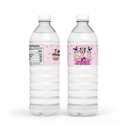 Minnie Mouse water bottle label wrap showing a colorful party theme layout on a clear plastic bottle