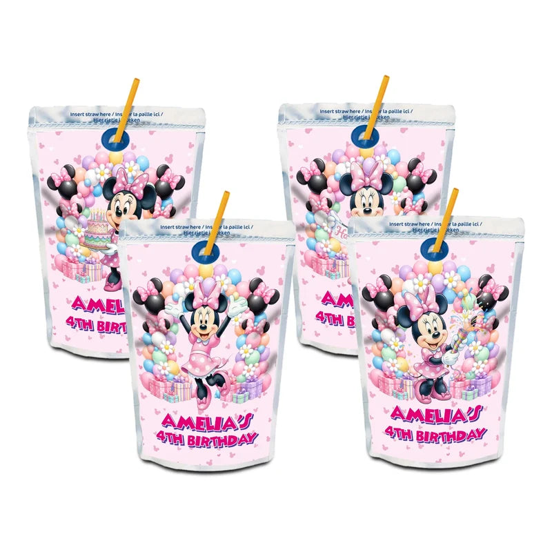 Minnie Mouse juice pouch label mockup featuring a vibrant birthday design attached to a silver pouch