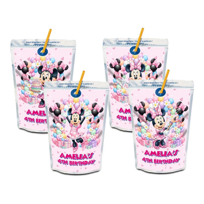 Minnie Mouse juice pouch label mockup featuring a vibrant birthday design attached to a silver pouch
