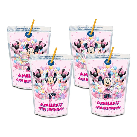 Minnie Mouse juice pouch label mockup featuring a vibrant birthday design attached to a silver pouch
