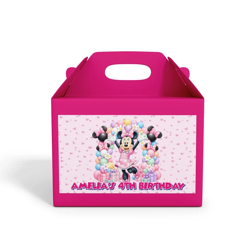 Minnie Mouse treat box label showing a colorful custom design layout on a mini favor box container