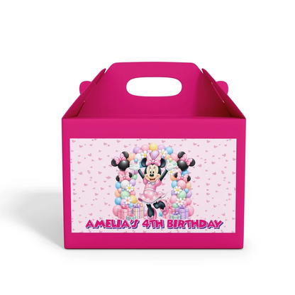 Minnie Mouse treat box label showing a colorful custom design layout on a mini favor box container