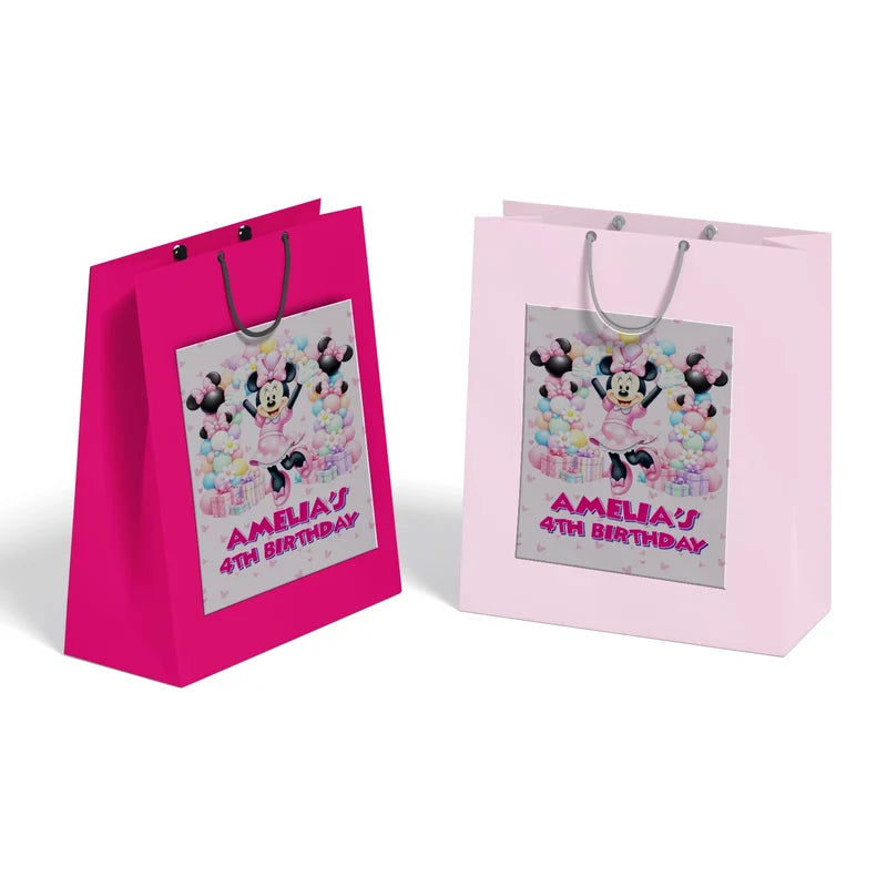 Minnie Mouse goodie bag label featuring a vibrant party theme design applied to a classic paper gift bag