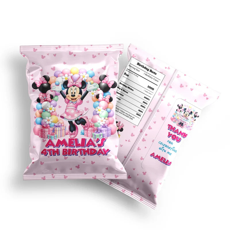 Minnie Mouse chips bag label mockup displaying a vibrant custom snack bag layout on a clean background