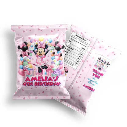 Minnie Mouse chips bag label mockup displaying a vibrant custom snack bag layout on a clean background