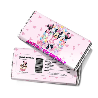 Minnie Mouse chocolate label wrap featuring a colorful candy bar packaging layout against a white surface