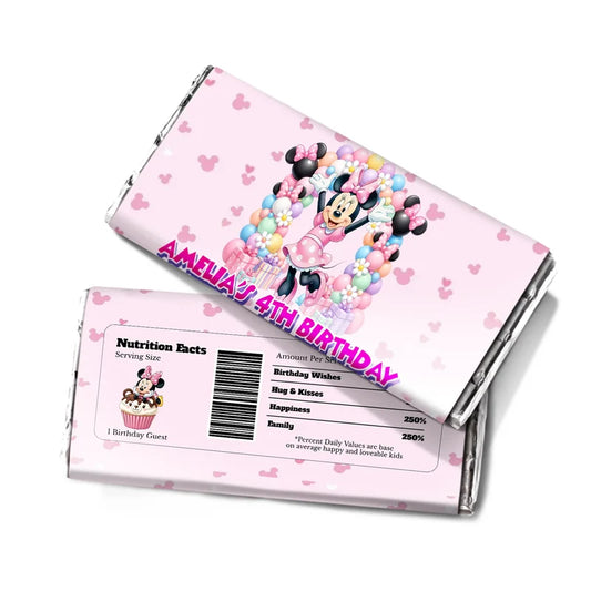 Minnie Mouse chocolate label wrap featuring a colorful candy bar packaging layout against a white surface