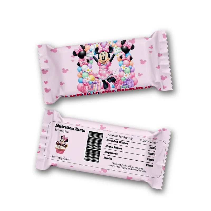 Minnie Mouse Rice Krispies treats and candy bar labels shown together in a vibrant party snack display