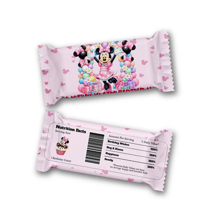 Minnie Mouse Rice Krispies treats and candy bar labels shown together in a vibrant party snack display