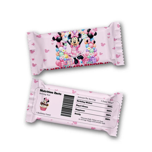 Minnie Mouse Rice Krispies treats and candy bar labels shown together in a vibrant party snack display
