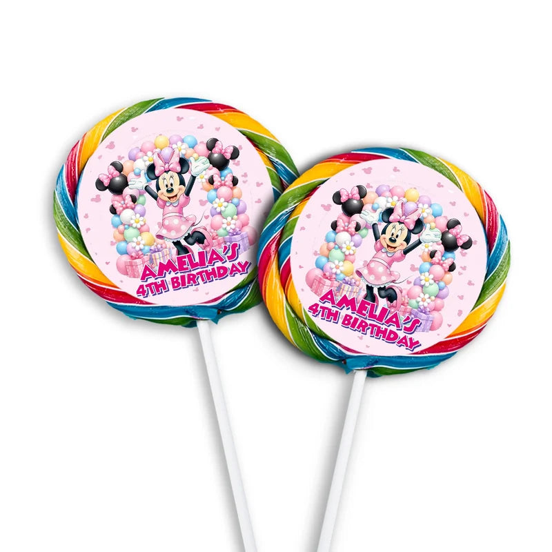 Minnie Mouse lollipop label mockup featuring a colorful round sticker design attached to a clear wrapper