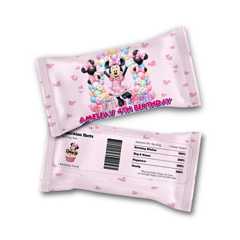 Minnie Mouse M&M Chocolate label wrap showing a vibrant candy packaging layout displayed on a neat ttop