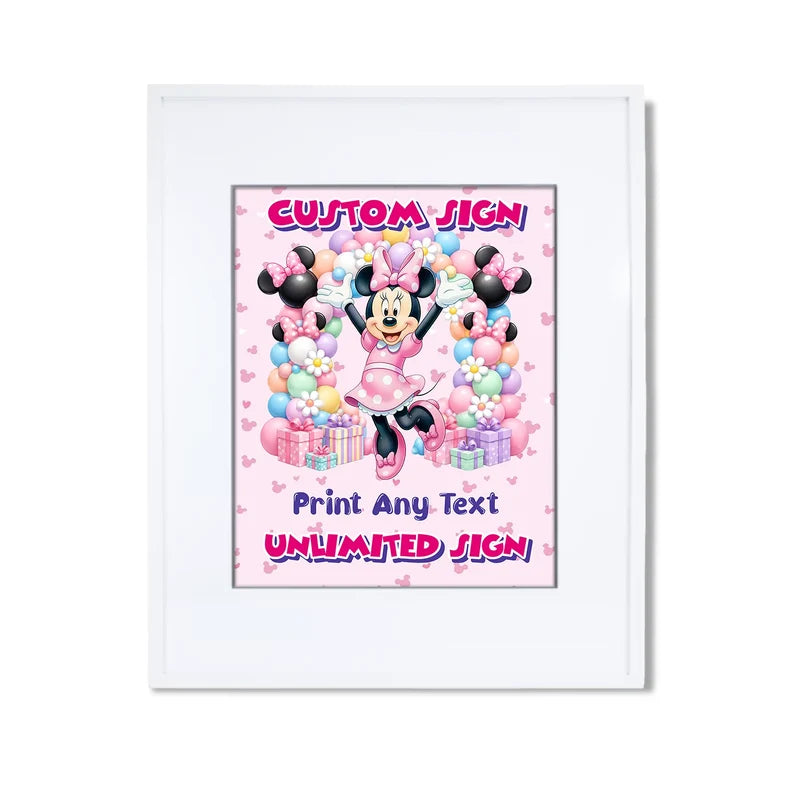 Minnie Mouse custom sign template featuring a colorful party layout inside a modern white picture frame