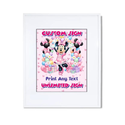 Minnie Mouse custom sign template featuring a colorful party layout inside a modern white picture frame