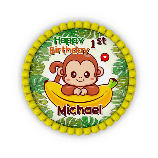 Round Edible Monkey Cake Image for Personalized Celebrations