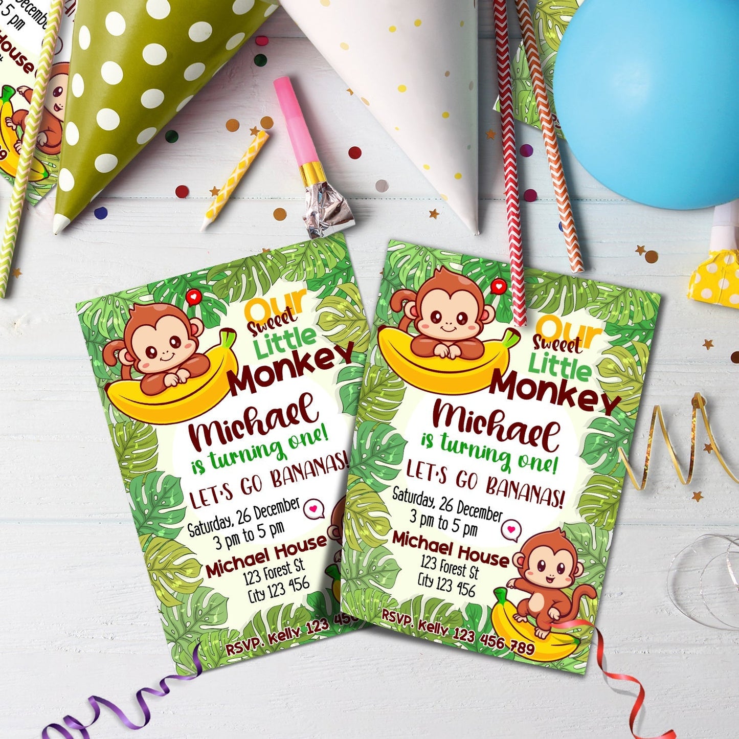 Monkey Birthday Decorations, 1st Birthday Party Supplies, Cute Monkey Themed, Monkey Party Digital Template, Little Monkey SVG, PNG