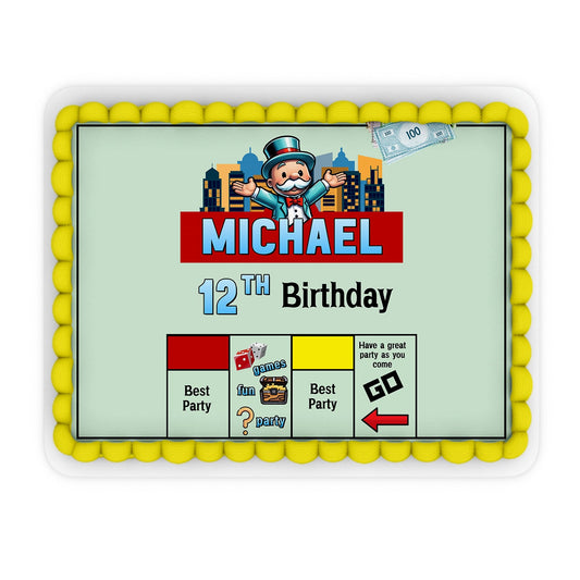 Rectangle edible sheet cake images with Monopoly Go theme