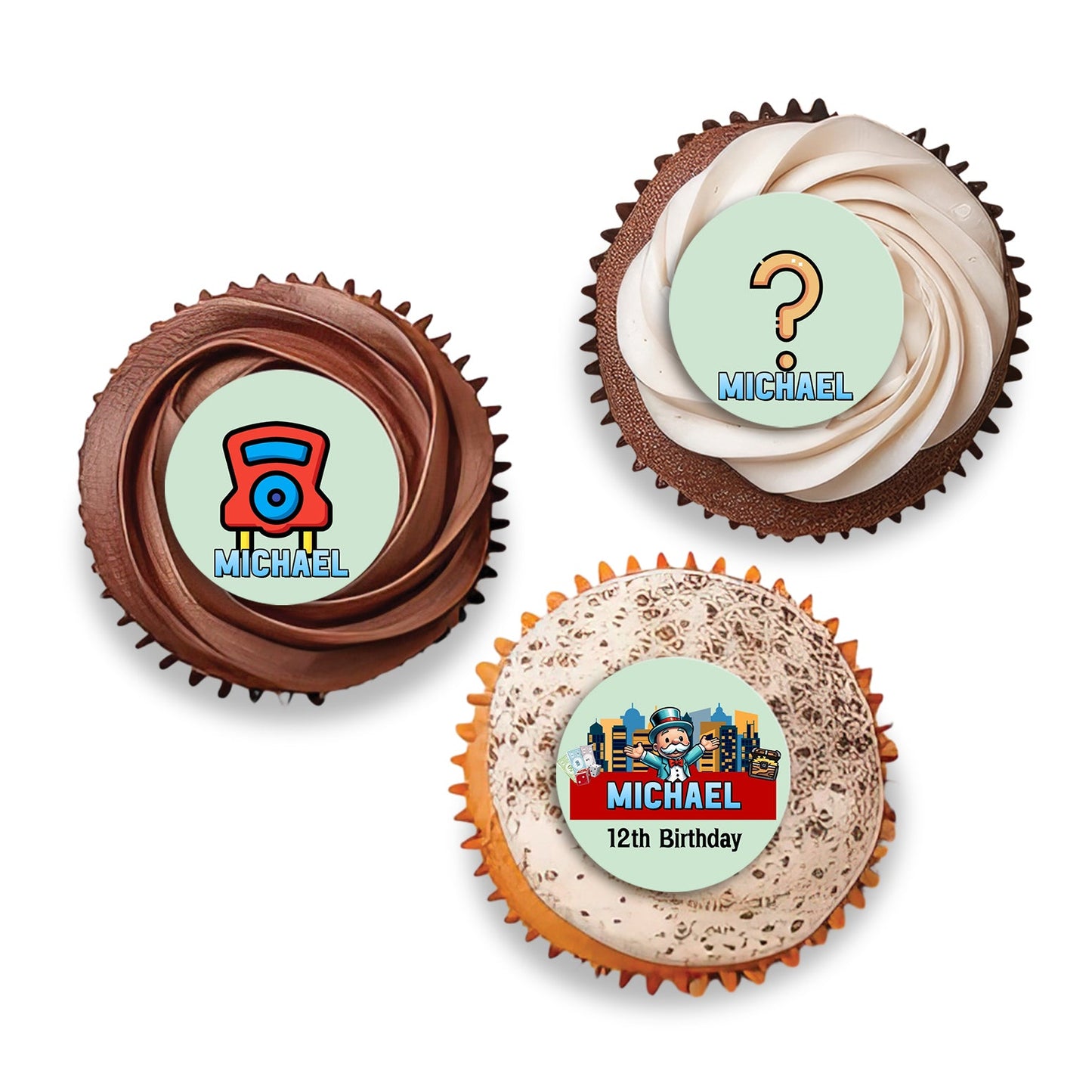 Monopoly Go themed personalized cupcakes toppers