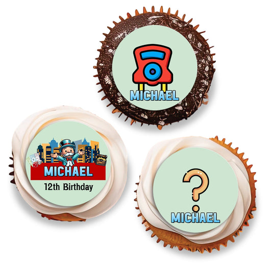 Monopoly Go themed personalized cupcakes toppers