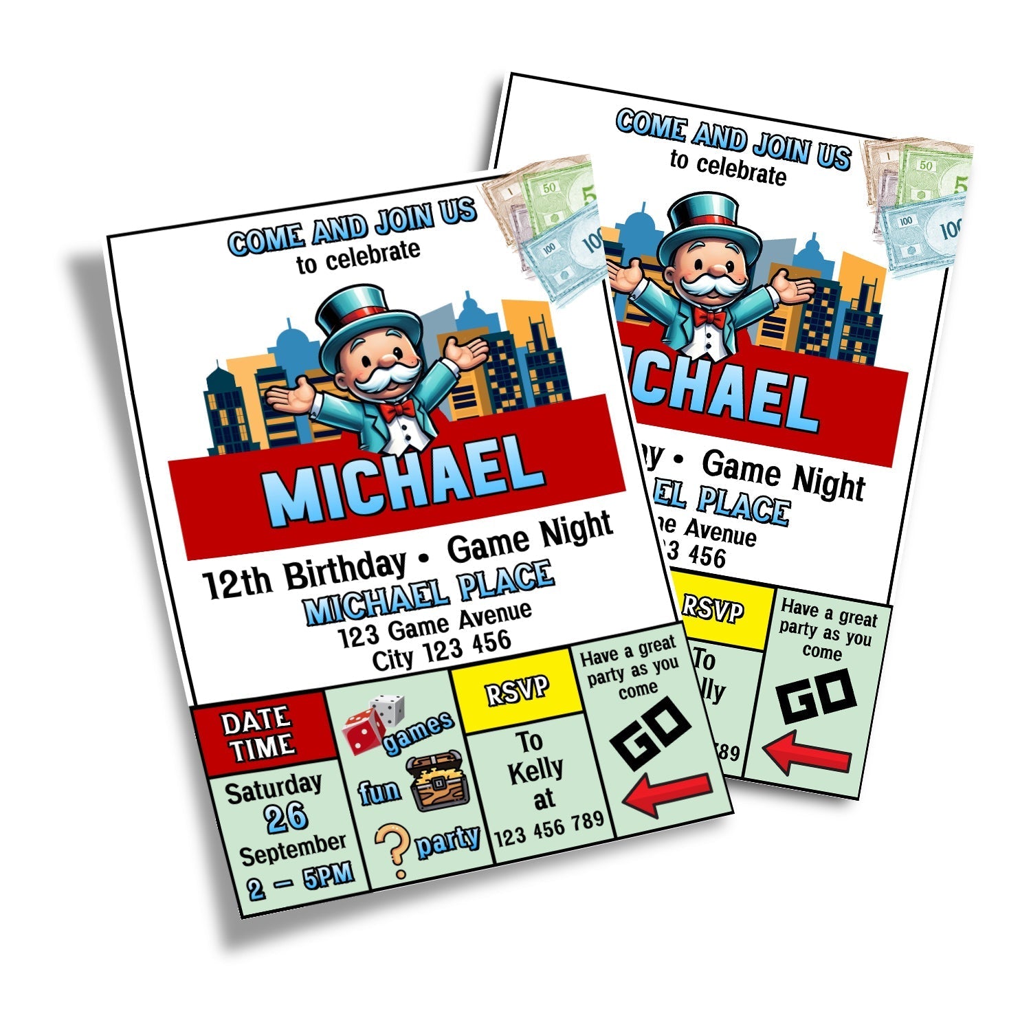 Birthday card invitations with personalized Monopoly Go design