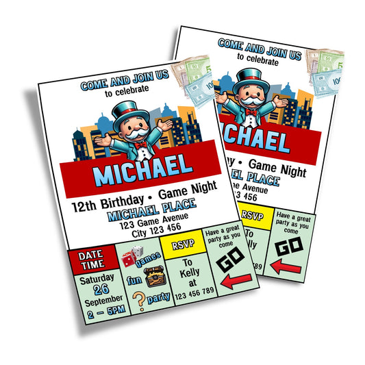 Birthday card invitations with personalized Monopoly Go design