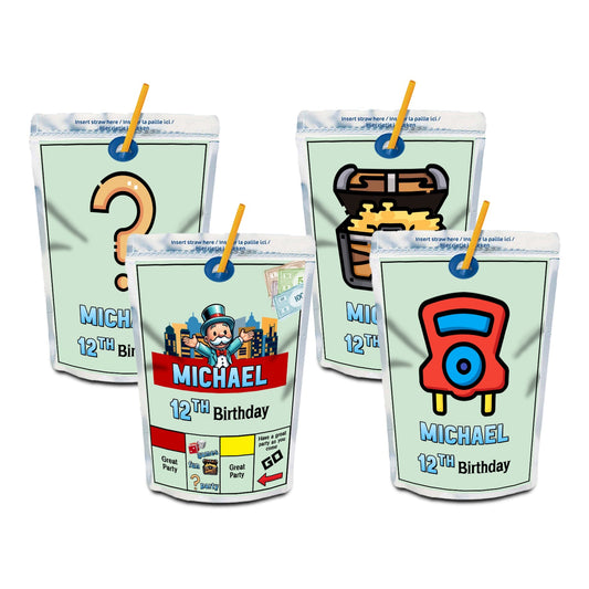 Juice pouch label featuring Monopoly Go theme