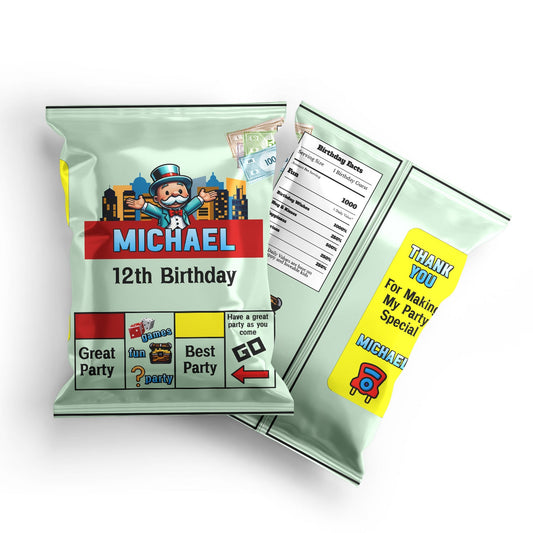 Chips bag label featuring Monopoly Go theme