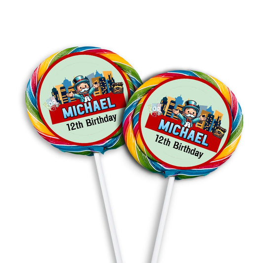 Lollipop label featuring Monopoly Go theme