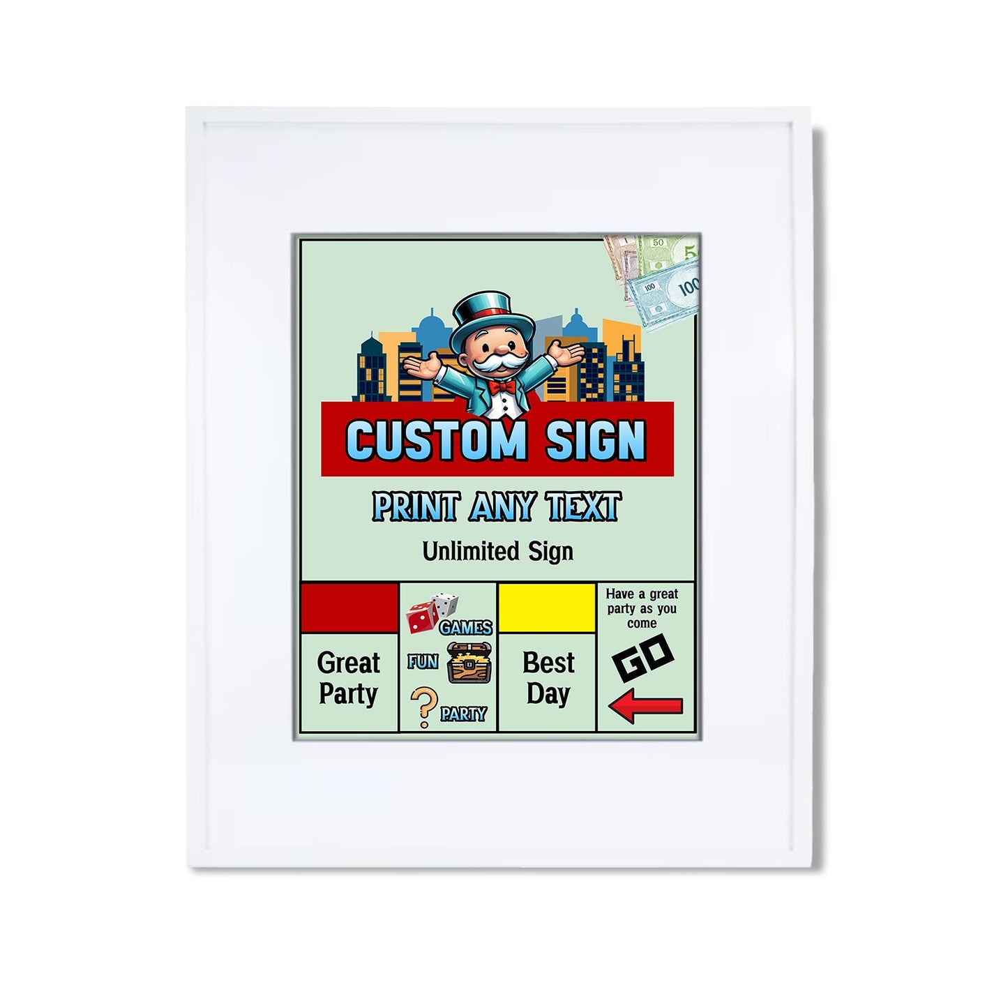 Custom sign featuring Monopoly Go theme