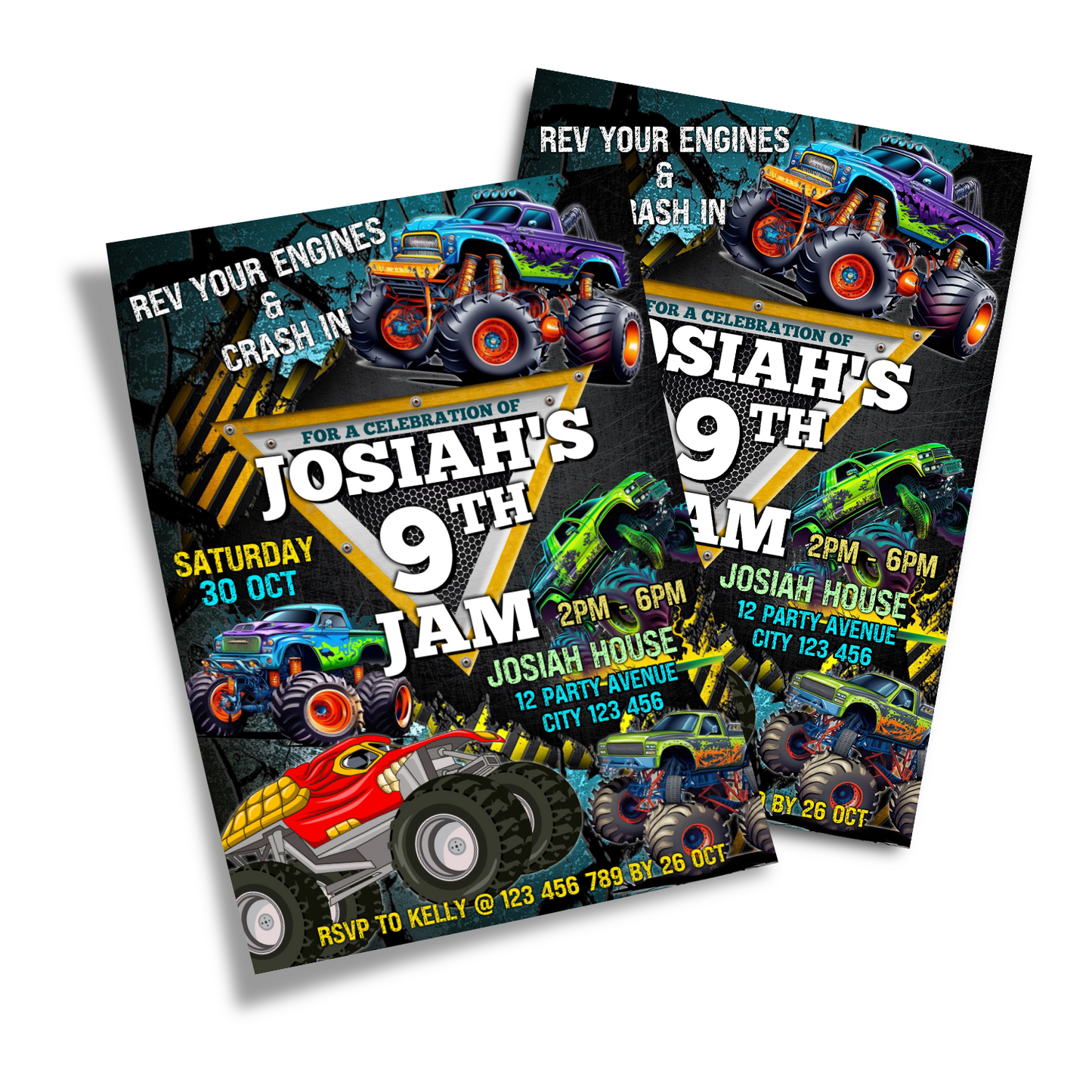 Personalized Monster Jam birthday card invitations