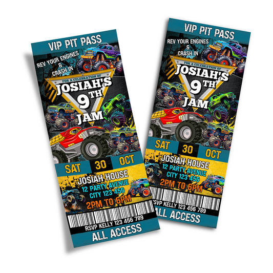 Personalized Monster Jam birthday ticket invitations