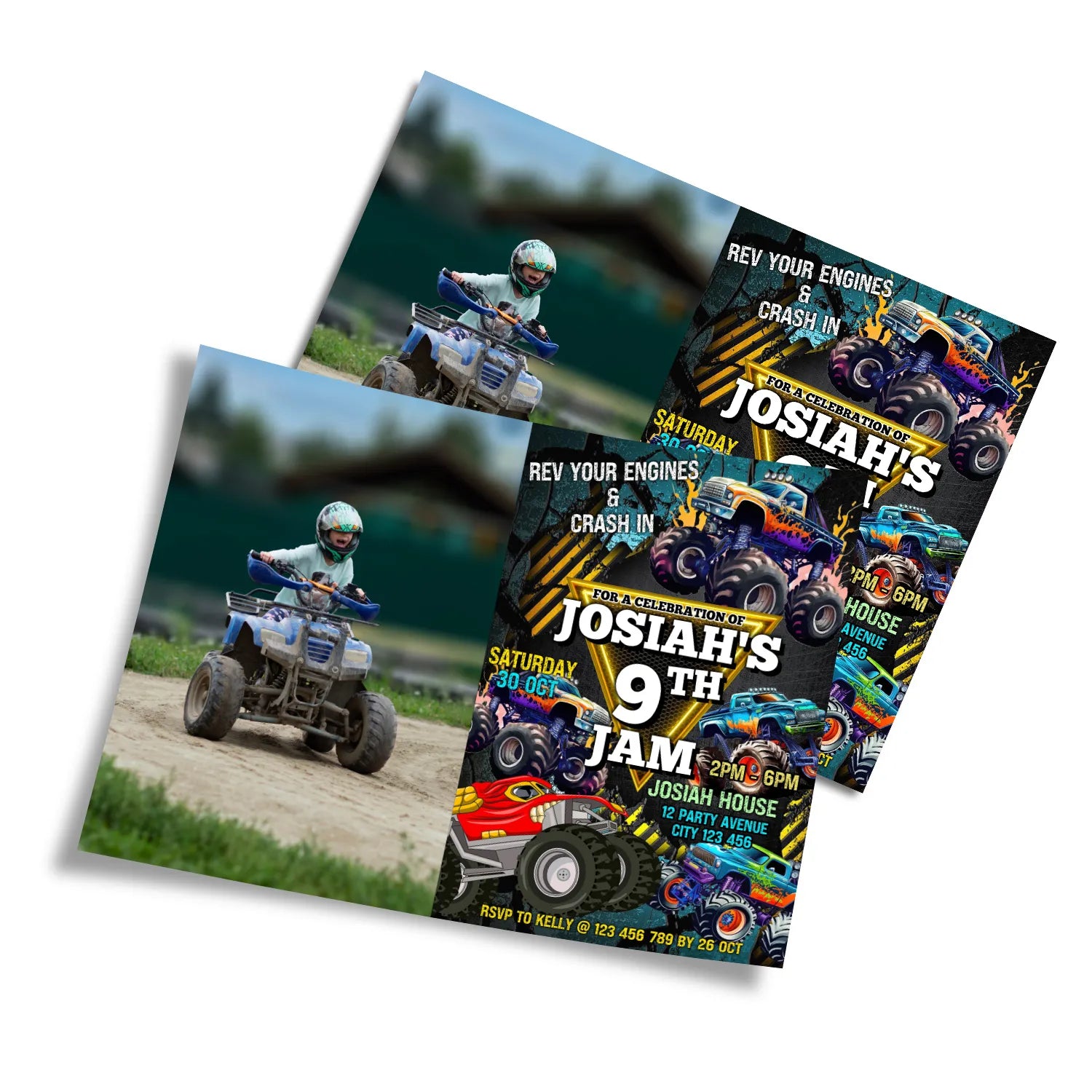 Monster Jam personalized photo card invitations for custom party invites