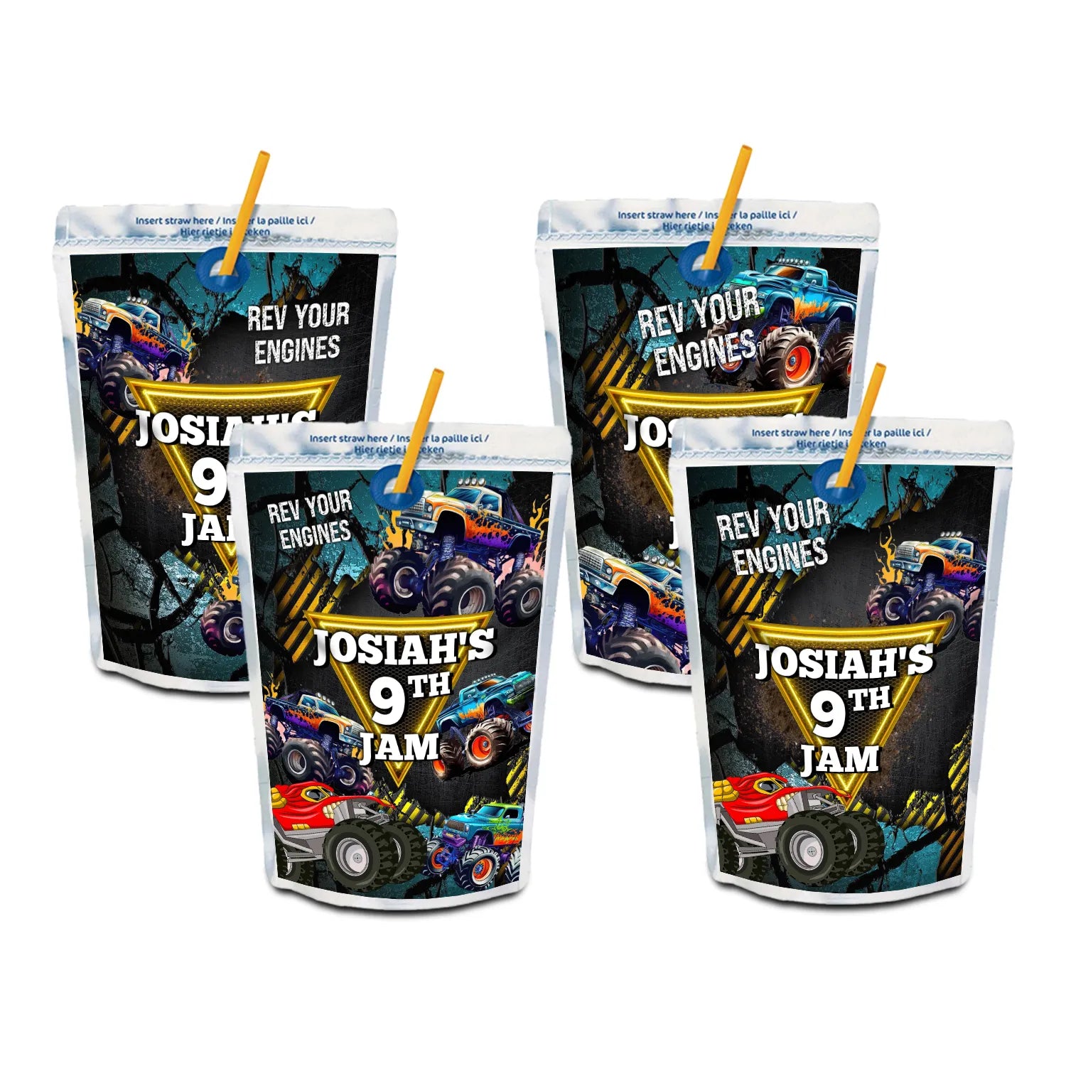 Monster Jam juice pouch label for creative drink packaging