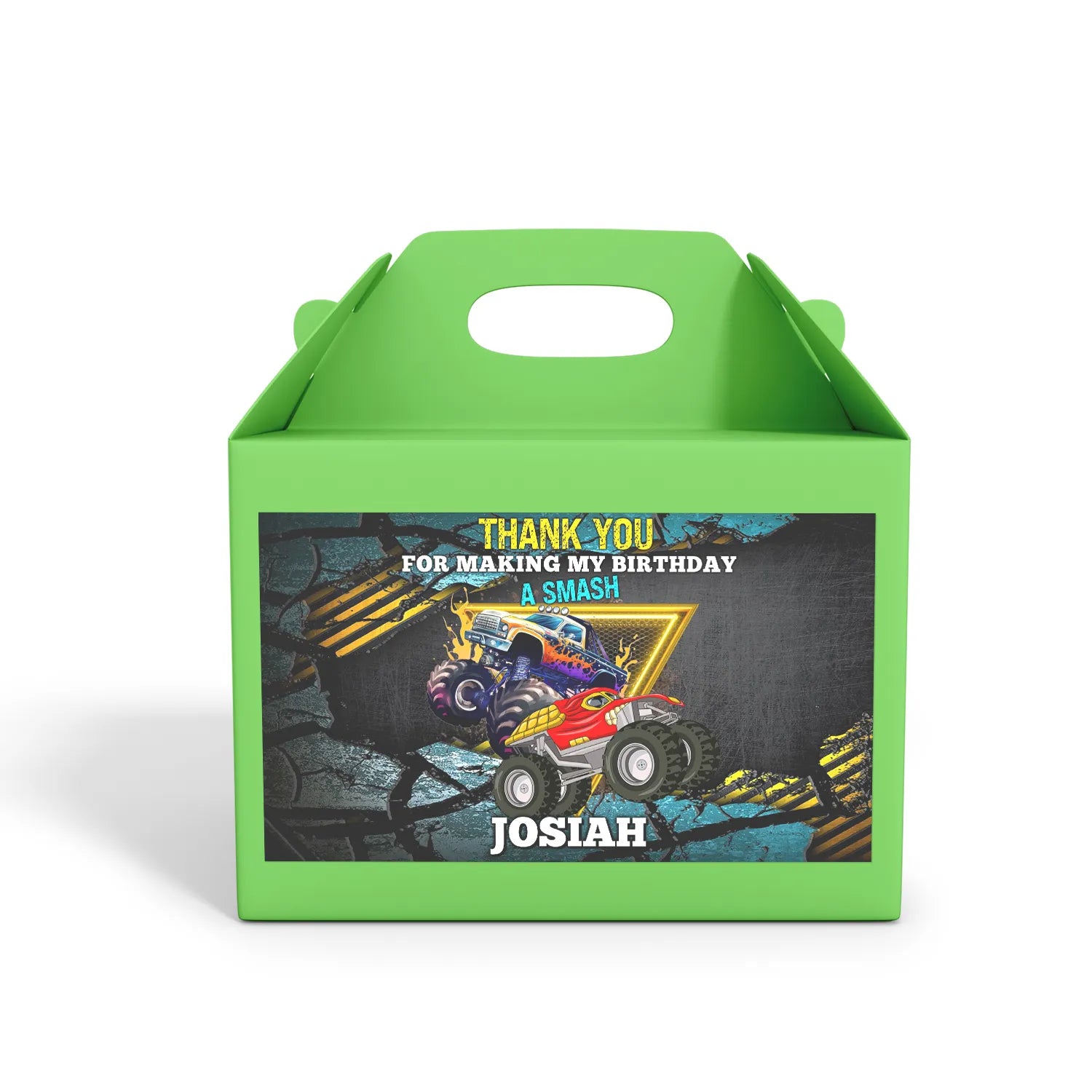 Monster Jam treat box label for customized favor boxes